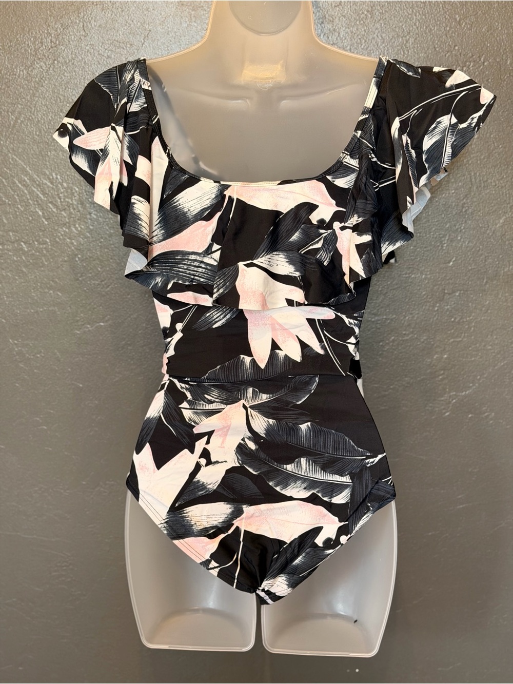 Black Floral Ruffle One-Piece swimsuit with Pink Accents 15s - Picture 2 of 6